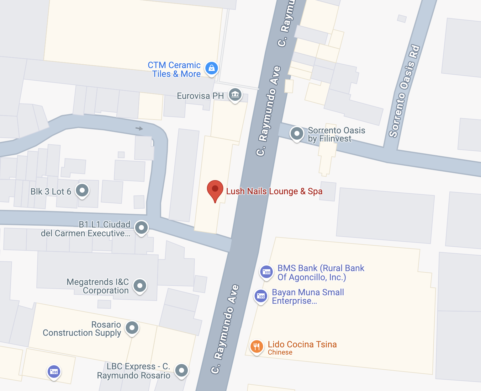 Map showing location of Lush Nails Lounge and Spa.